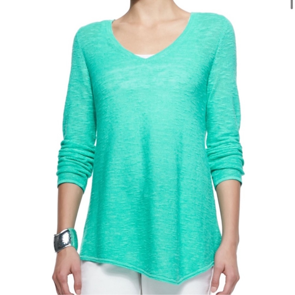 Eileen Fisher oversized vneck turquoise slub knit pullover XS linen blend shirt